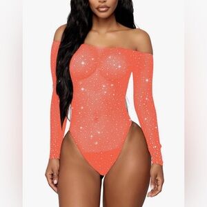 RSLOVE Women Sexy Lingerie Fishnet Bodysuit Sparkle Rhinestone Mesh Teddy - Pink